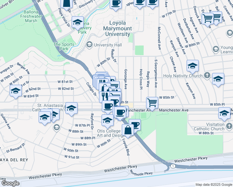 map of restaurants, bars, coffee shops, grocery stores, and more near 8355 Fordham Road in Los Angeles