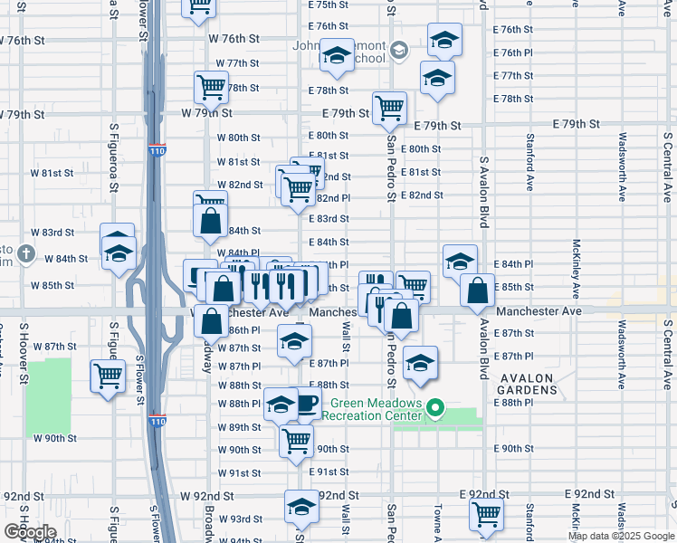 map of restaurants, bars, coffee shops, grocery stores, and more near 150 East 84th Place in Los Angeles