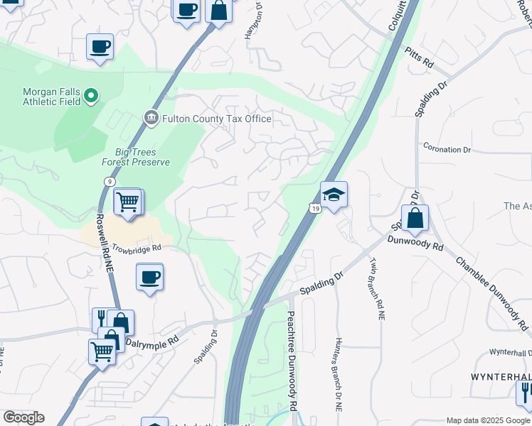 map of restaurants, bars, coffee shops, grocery stores, and more near 1910 Huntingdon Chase in Sandy Springs