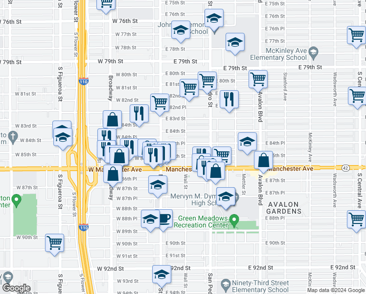 map of restaurants, bars, coffee shops, grocery stores, and more near 154 East 84th Place in Los Angeles