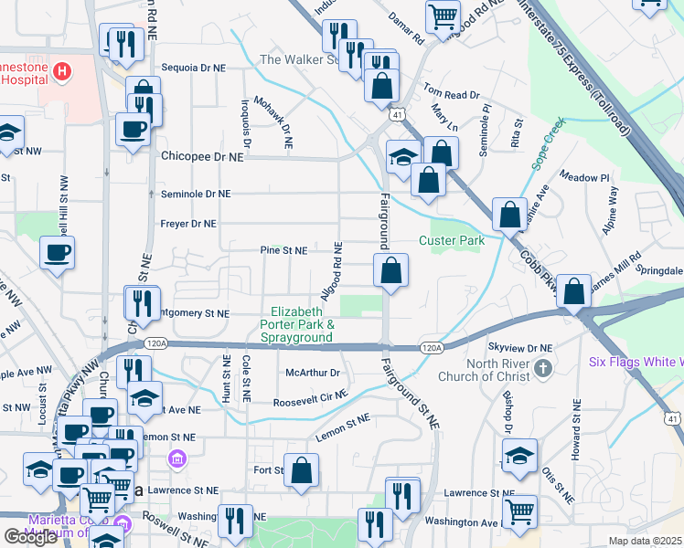 map of restaurants, bars, coffee shops, grocery stores, and more near 418 Allgood Road Northeast in Marietta