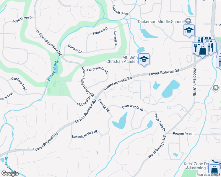 map of restaurants, bars, coffee shops, grocery stores, and more near 4236 Lower Roswell Road in Marietta