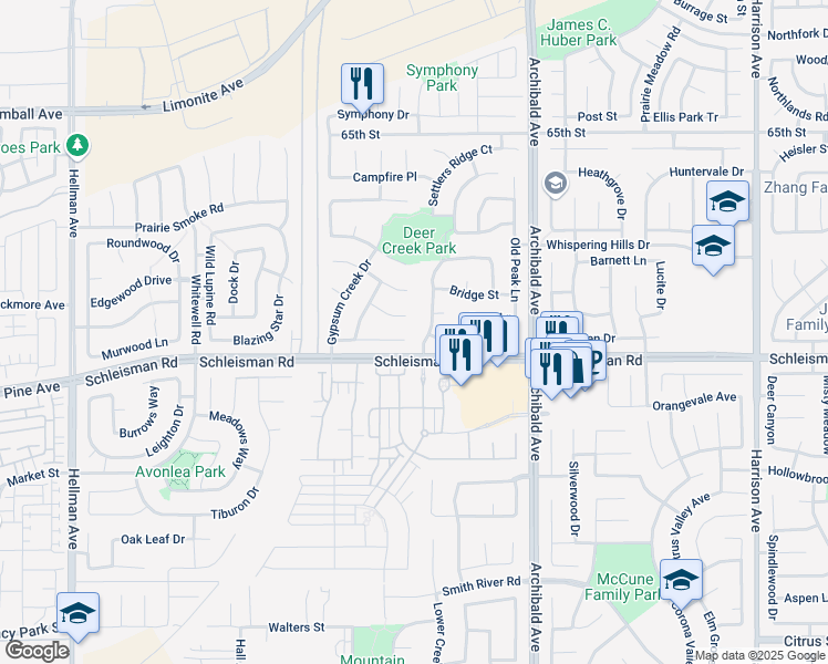 map of restaurants, bars, coffee shops, grocery stores, and more near 14410 Dalebrook Drive in Corona