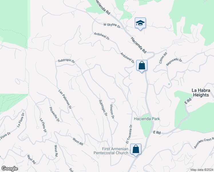 map of restaurants, bars, coffee shops, grocery stores, and more near 2034 Virazon Drive in La Habra Heights