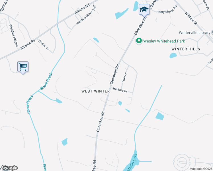 map of restaurants, bars, coffee shops, grocery stores, and more near 950 Cherokee Road in Winterville