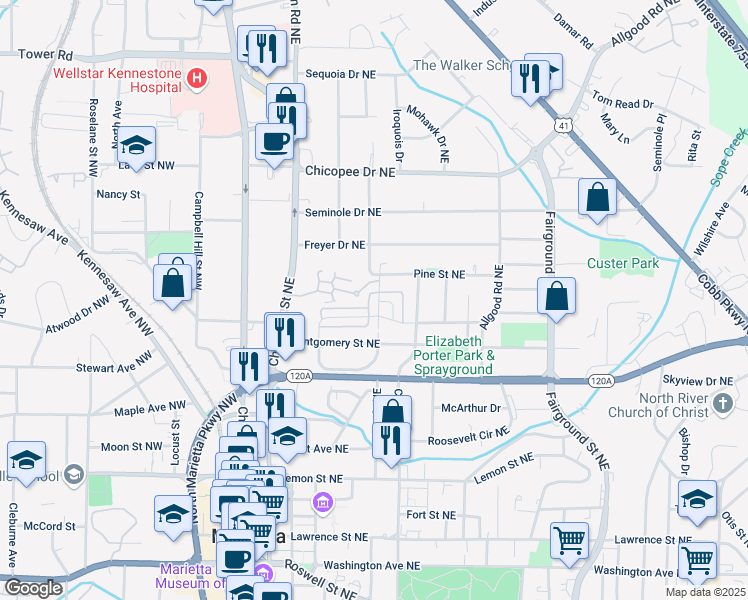 map of restaurants, bars, coffee shops, grocery stores, and more near 425 Hunt Street Northeast in Marietta