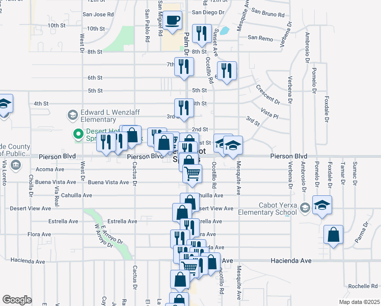 map of restaurants, bars, coffee shops, grocery stores, and more near 66565 Pierson Boulevard in Desert Hot Springs