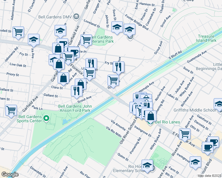 map of restaurants, bars, coffee shops, grocery stores, and more near 7540 Scout Avenue in Bell Gardens