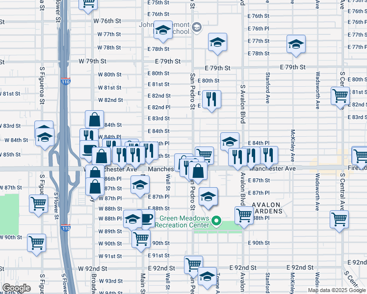 map of restaurants, bars, coffee shops, grocery stores, and more near 242 East 84th Place in Los Angeles