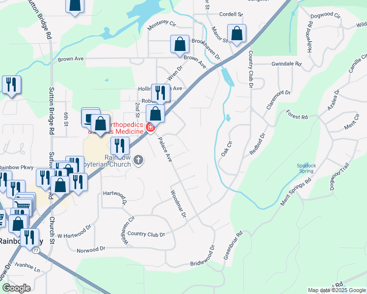 map of restaurants, bars, coffee shops, grocery stores, and more near 309 Meadow Street in Rainbow City