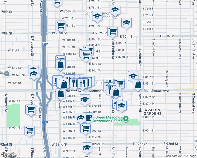 map of restaurants, bars, coffee shops, grocery stores, and more near 156 East 84th Place in Los Angeles