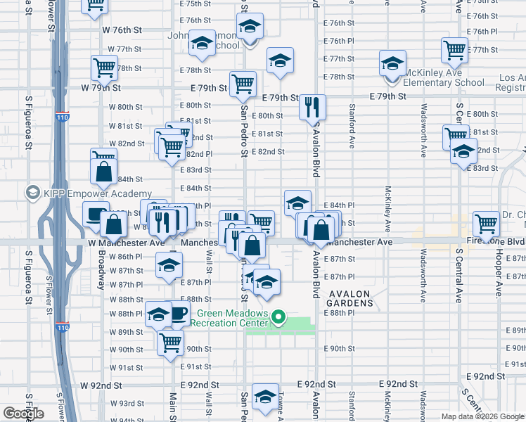 map of restaurants, bars, coffee shops, grocery stores, and more near 8466 San Pedro Street in Los Angeles