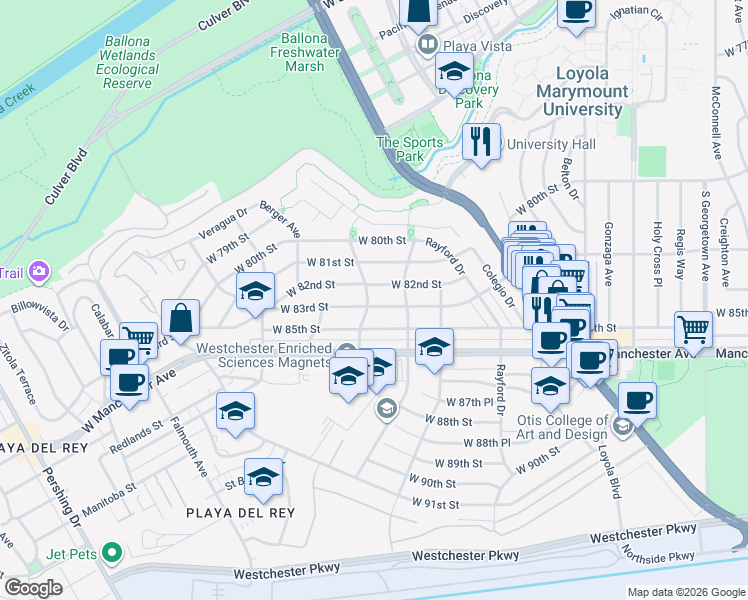 map of restaurants, bars, coffee shops, grocery stores, and more near 7439 West 83rd Street in Los Angeles