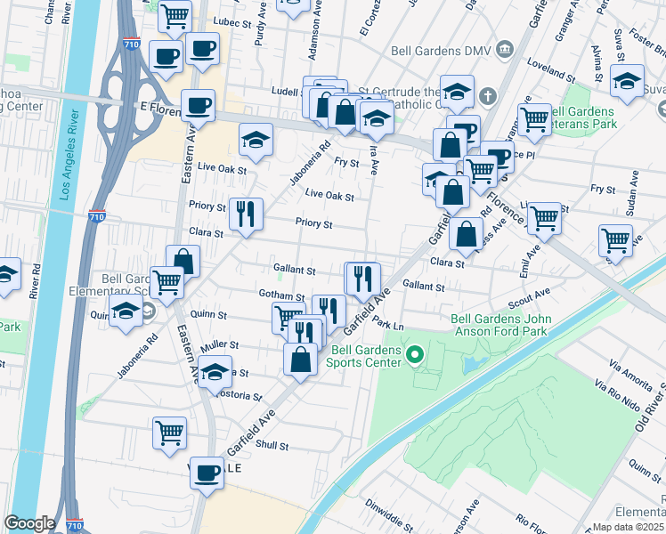 map of restaurants, bars, coffee shops, grocery stores, and more near 6109 Gallant Street in Bell Gardens