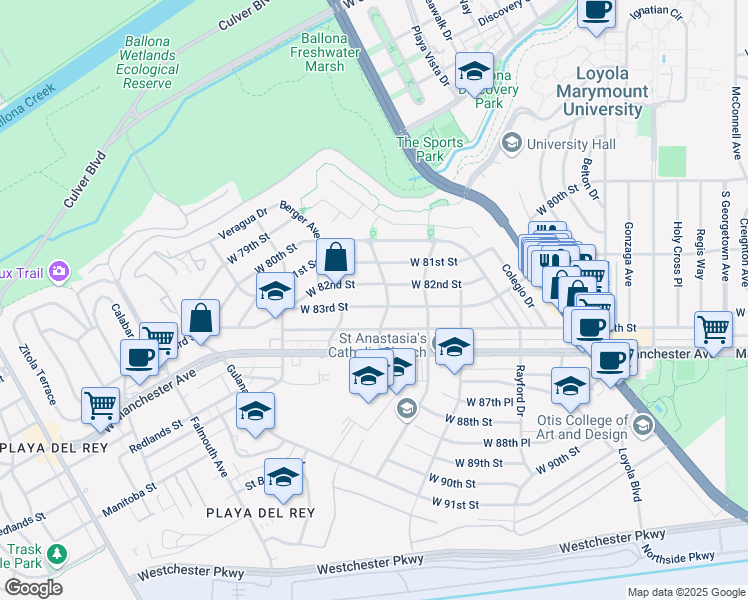 map of restaurants, bars, coffee shops, grocery stores, and more near 7513 West 83rd Street in Los Angeles
