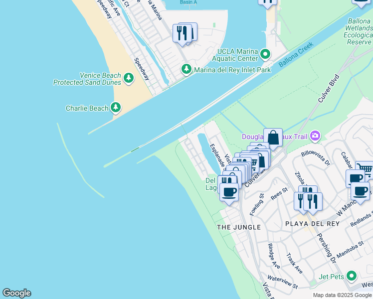 map of restaurants, bars, coffee shops, grocery stores, and more near 1 63rd Avenue in Los Angeles