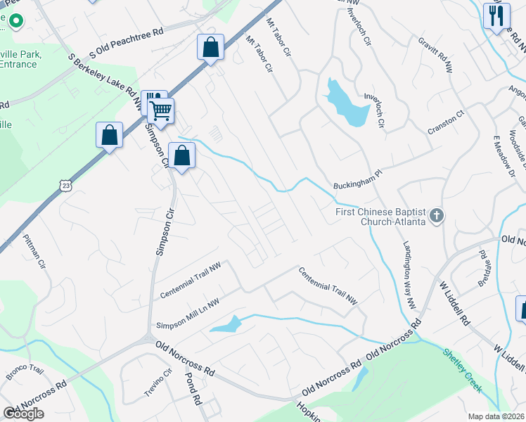 map of restaurants, bars, coffee shops, grocery stores, and more near 4344 Sunny Oak Place in Norcross