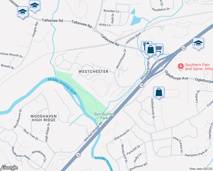 map of restaurants, bars, coffee shops, grocery stores, and more near 111 Westchester Circle in Athens
