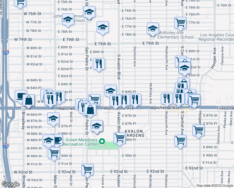 map of restaurants, bars, coffee shops, grocery stores, and more near 8457 Avalon Boulevard in Los Angeles