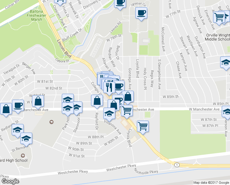 map of restaurants, bars, coffee shops, grocery stores, and more near 8412 Lincoln Boulevard in Los Angeles