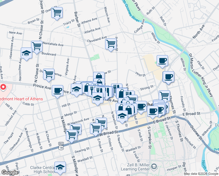 map of restaurants, bars, coffee shops, grocery stores, and more near 541 Pulaski Street in Athens