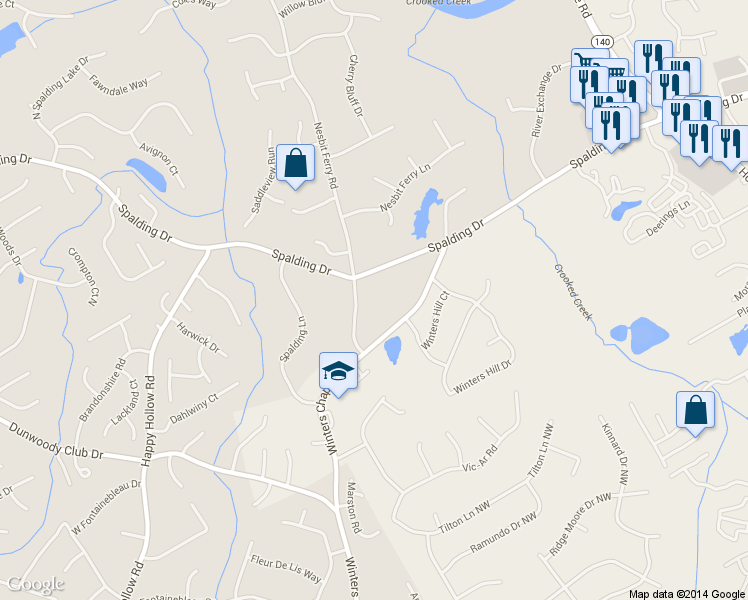 map of restaurants, bars, coffee shops, grocery stores, and more near 7635 Nesbit Ferry Road in Atlanta