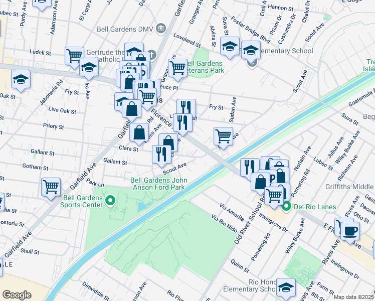 map of restaurants, bars, coffee shops, grocery stores, and more near 6623 Clara Street in Bell Gardens