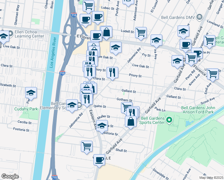 map of restaurants, bars, coffee shops, grocery stores, and more near 5916 Gallant Street in Bell Gardens