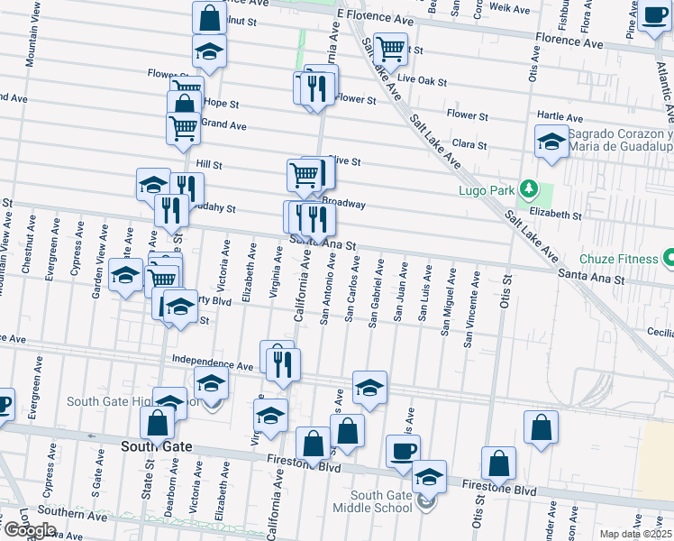 map of restaurants, bars, coffee shops, grocery stores, and more near 8137 San Carlos Avenue in South Gate