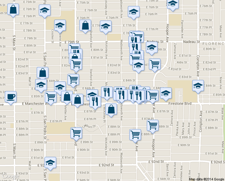 map of restaurants, bars, coffee shops, grocery stores, and more near 816 East 84th Place in Los Angeles