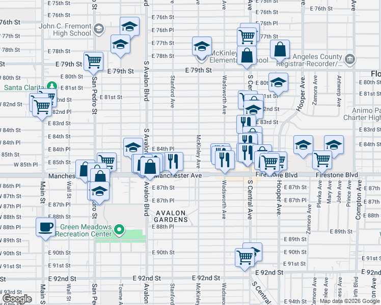 map of restaurants, bars, coffee shops, grocery stores, and more near 739 East 85th Street in Los Angeles