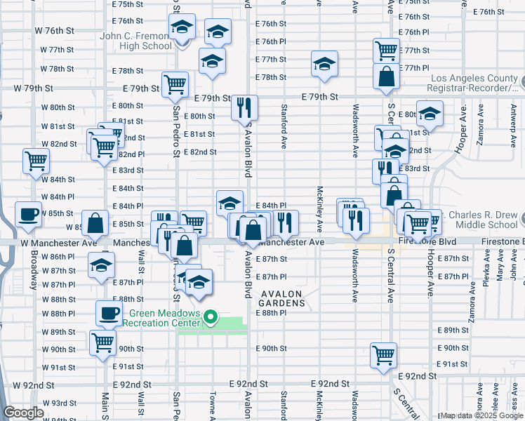 map of restaurants, bars, coffee shops, grocery stores, and more near 617 East 85th Street in Los Angeles