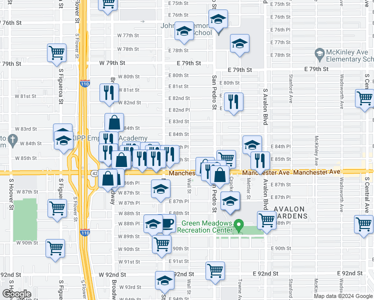 map of restaurants, bars, coffee shops, grocery stores, and more near 156 East 84th Place in Los Angeles