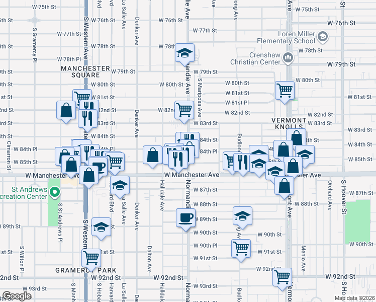 map of restaurants, bars, coffee shops, grocery stores, and more near 8451 South Normandie Avenue in Los Angeles