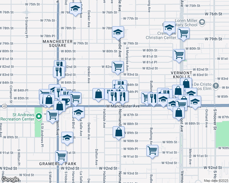 map of restaurants, bars, coffee shops, grocery stores, and more near 8451 South Normandie Avenue in Los Angeles
