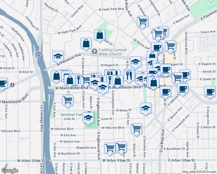 map of restaurants, bars, coffee shops, grocery stores, and more near 314 West Manchester Boulevard in Inglewood