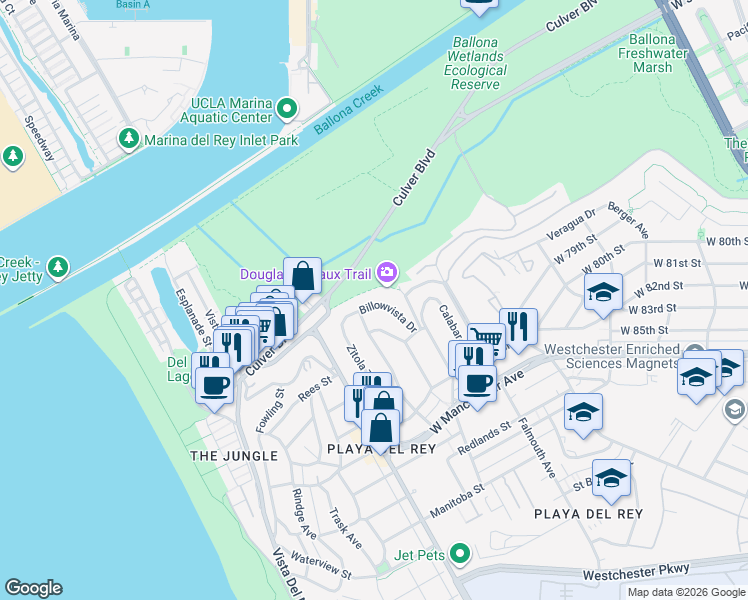 map of restaurants, bars, coffee shops, grocery stores, and more near 8260 Cabora Drive in Los Angeles