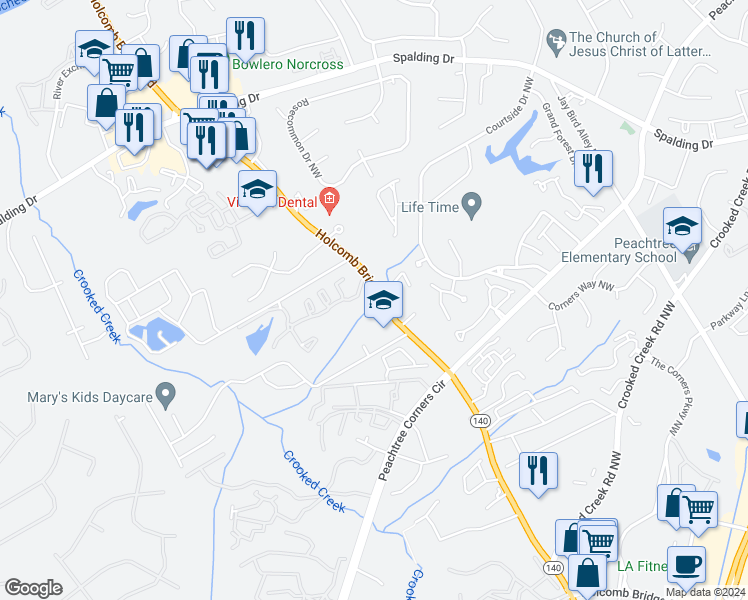 map of restaurants, bars, coffee shops, grocery stores, and more near 3501 Park Lake Lane in Norcross