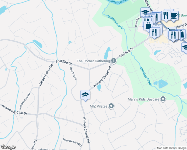 map of restaurants, bars, coffee shops, grocery stores, and more near 7635 Nesbit Ferry Road in Atlanta