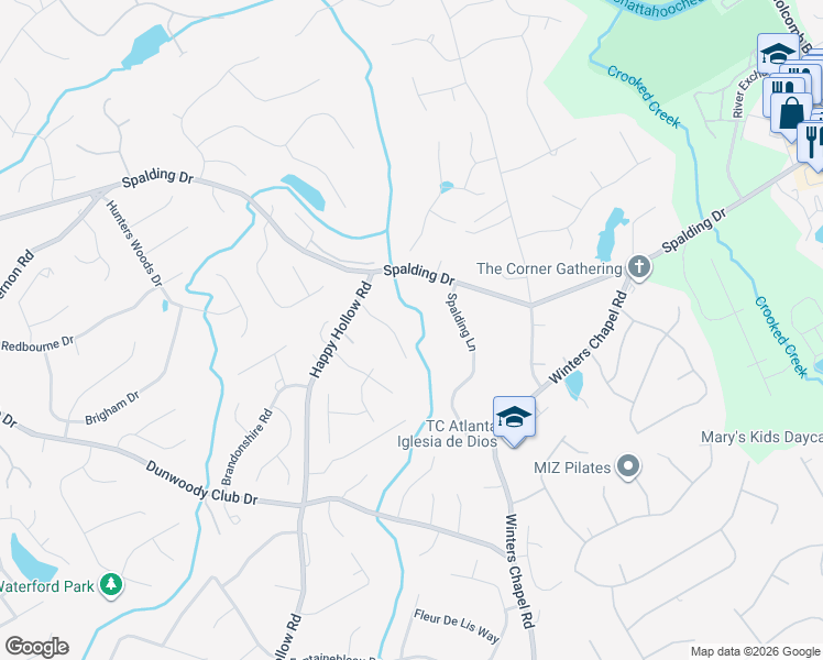map of restaurants, bars, coffee shops, grocery stores, and more near 150 Spalding Creek Court in Atlanta