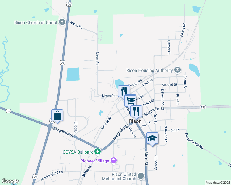 map of restaurants, bars, coffee shops, grocery stores, and more near 10 Main Street in Rison