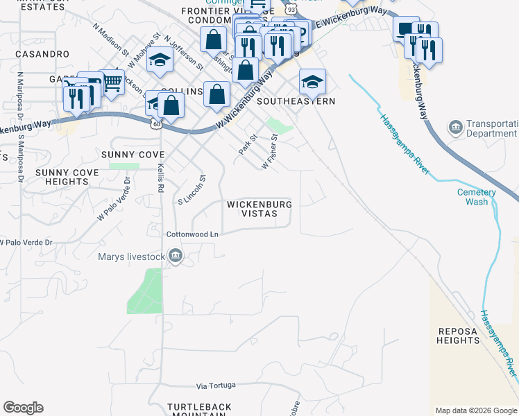map of restaurants, bars, coffee shops, grocery stores, and more near 625 Vista Ridge Court in Wickenburg