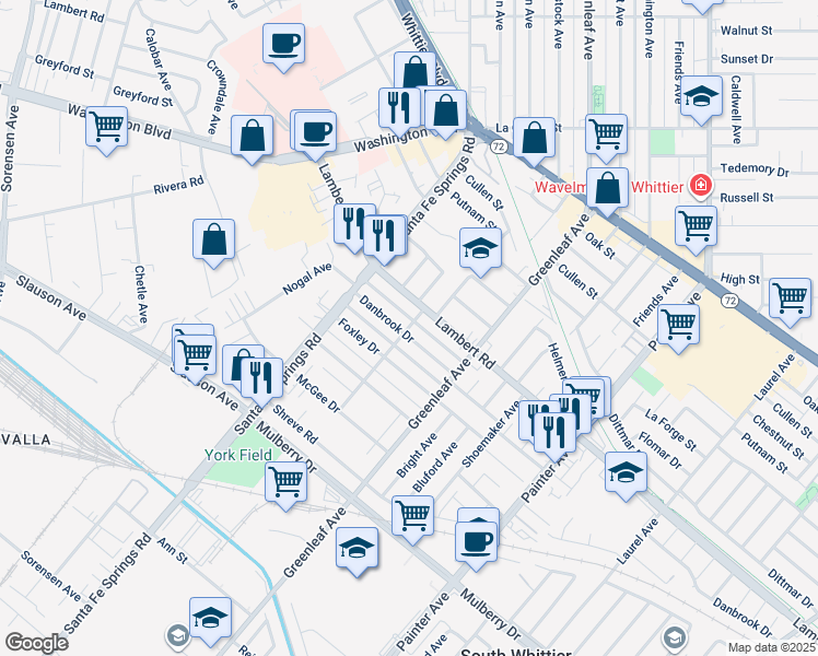 map of restaurants, bars, coffee shops, grocery stores, and more near 8726 Villa Drive in Whittier