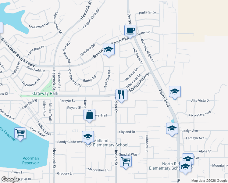 map of restaurants, bars, coffee shops, grocery stores, and more near 24465 Robinwood Drive in Moreno Valley