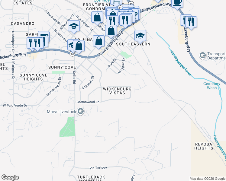 map of restaurants, bars, coffee shops, grocery stores, and more near 625 Vista Ridge Court in Wickenburg