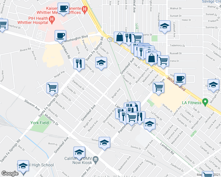 map of restaurants, bars, coffee shops, grocery stores, and more near 8622 Greenleaf Avenue in Whittier
