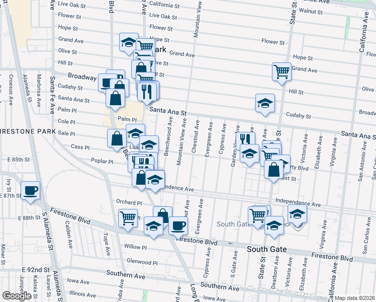 map of restaurants, bars, coffee shops, grocery stores, and more near 2917 Liberty Boulevard in South Gate