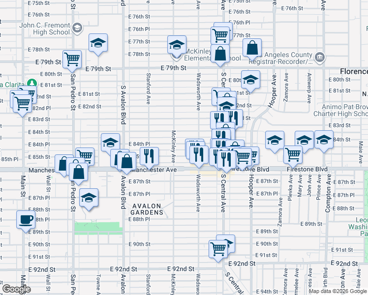 map of restaurants, bars, coffee shops, grocery stores, and more near 820 East 84th Place in Los Angeles