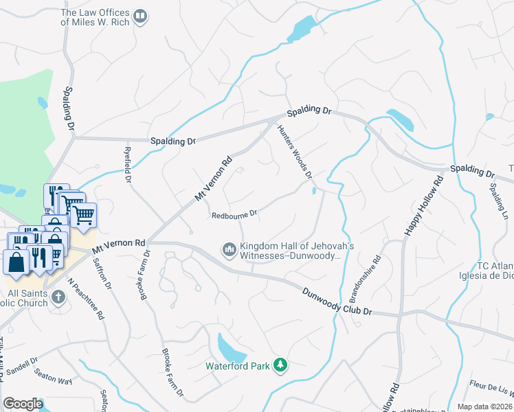 map of restaurants, bars, coffee shops, grocery stores, and more near 1770 Redbourne Drive in Atlanta