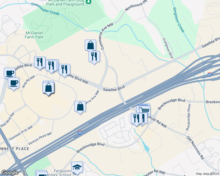 map of restaurants, bars, coffee shops, grocery stores, and more near 3175 Satellite Boulevard in Duluth